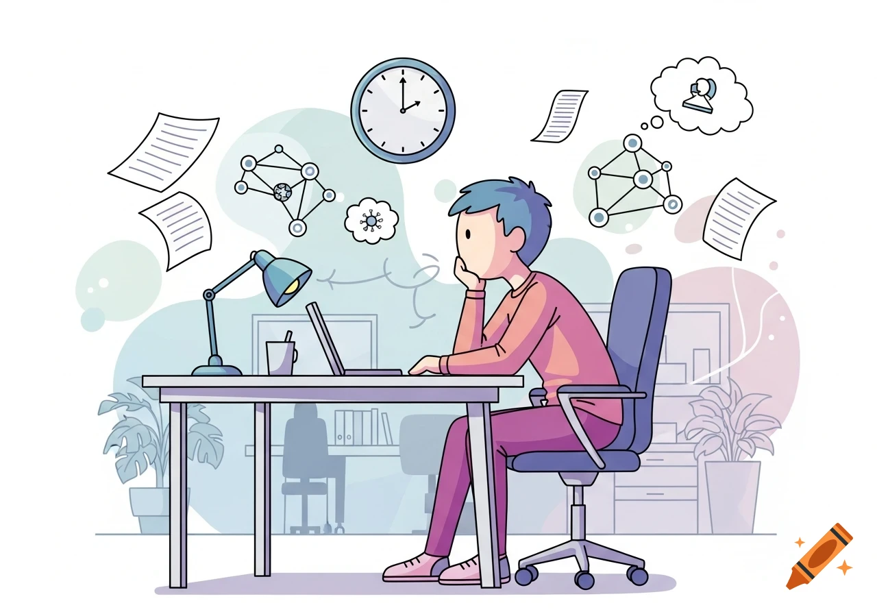 Cartoon man with blue hair sitting at a desk with a laptop, deep in thought, surrounded by abstract ideas and floating papers, in an office setting.