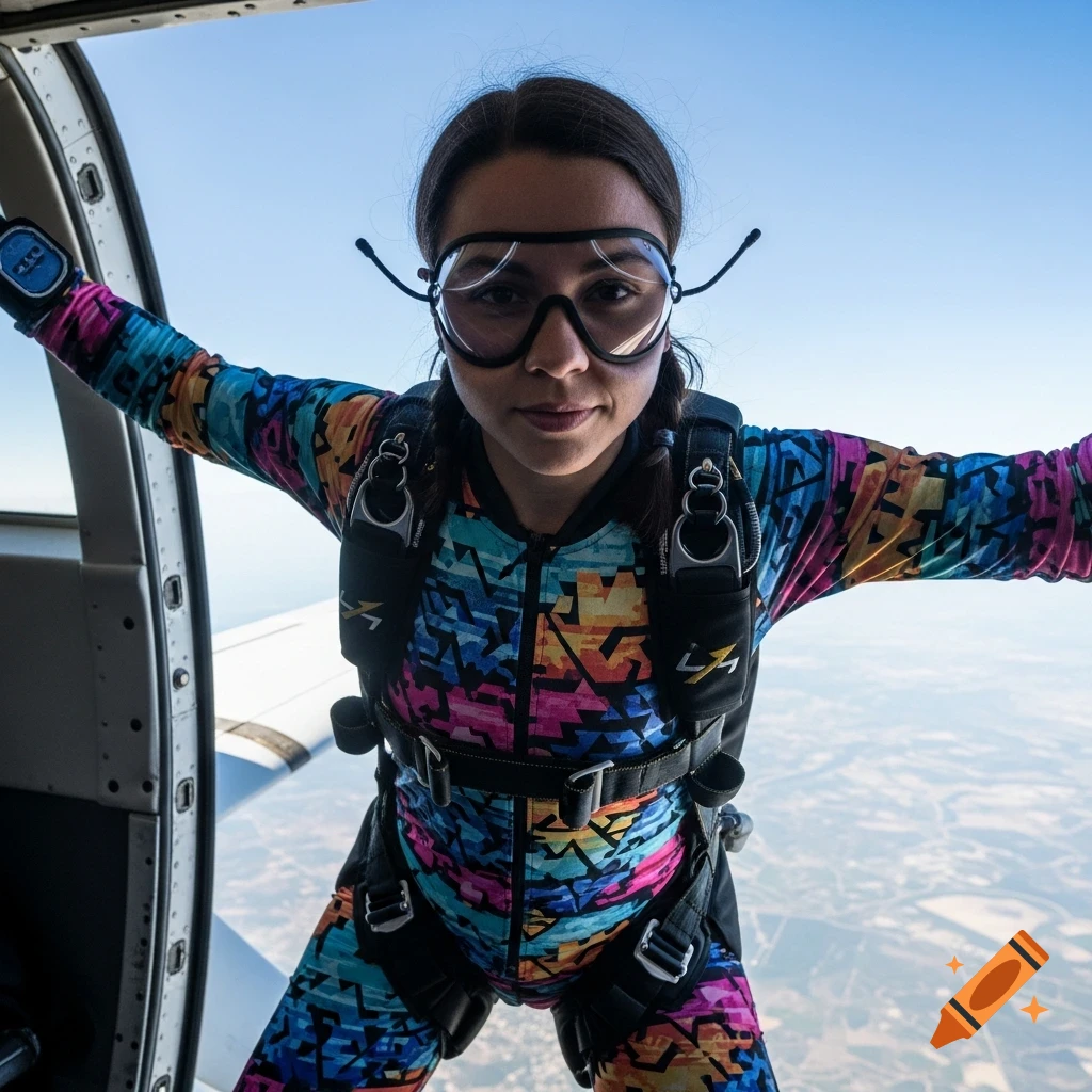 A woman in a vibrant, patterned skydiving suit and goggles looks at the camera from the open door of a plane, ready to jump.