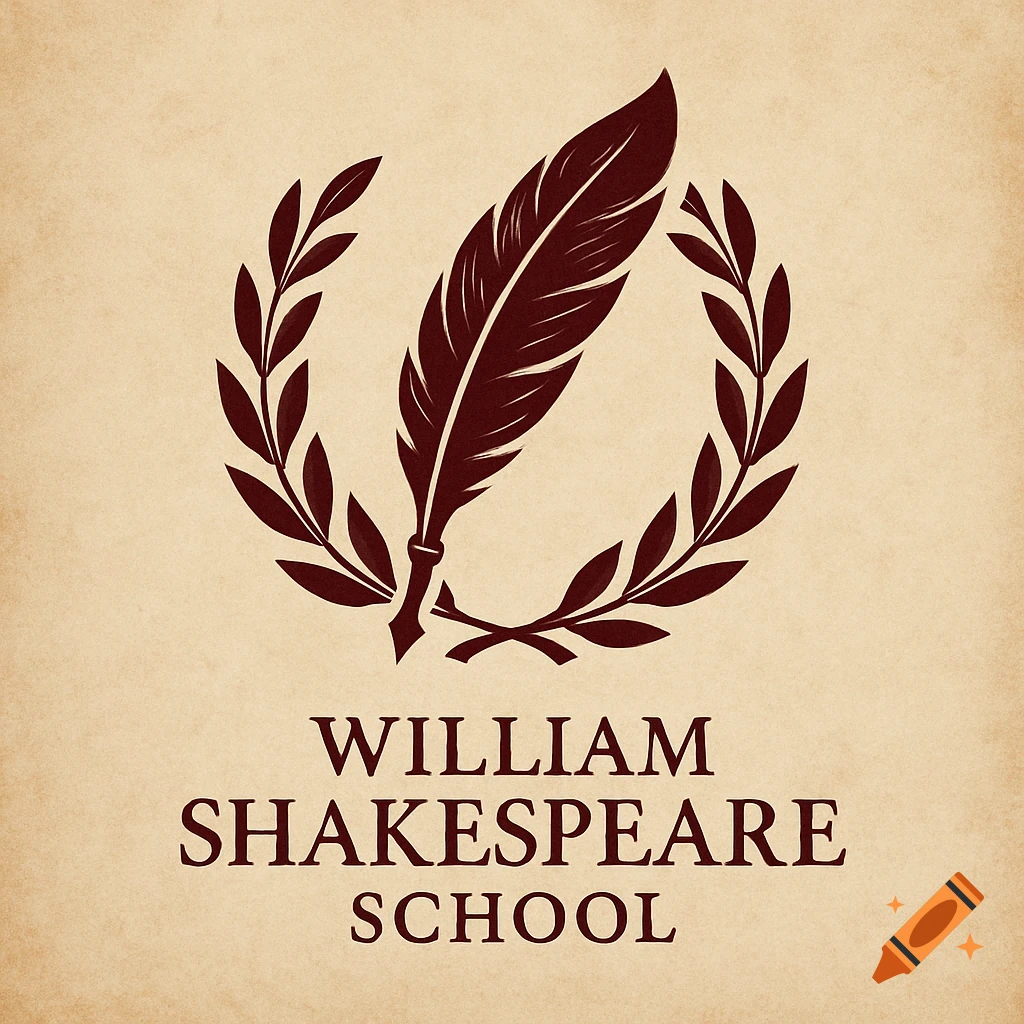 A vintage-style logo with a quill pen and a laurel wreath, featuring the text 'WILLIAM SHAKESPEARE SCHOOL'.