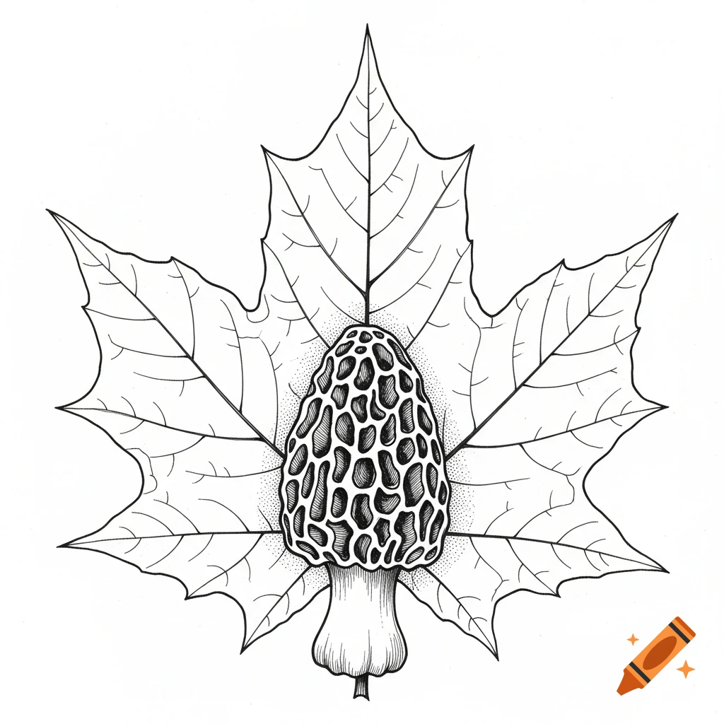 A detailed black and white fine tip felt pen illustration of a morel mushroom centered in front of a maple leaf.