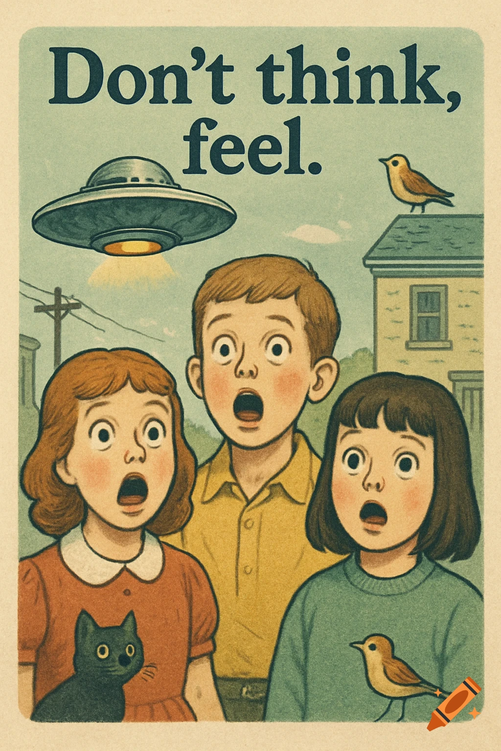 Vintage illustration of three surprised children looking at a UFO, with a cat and a bird, and the text 'Don't think, feel.'
