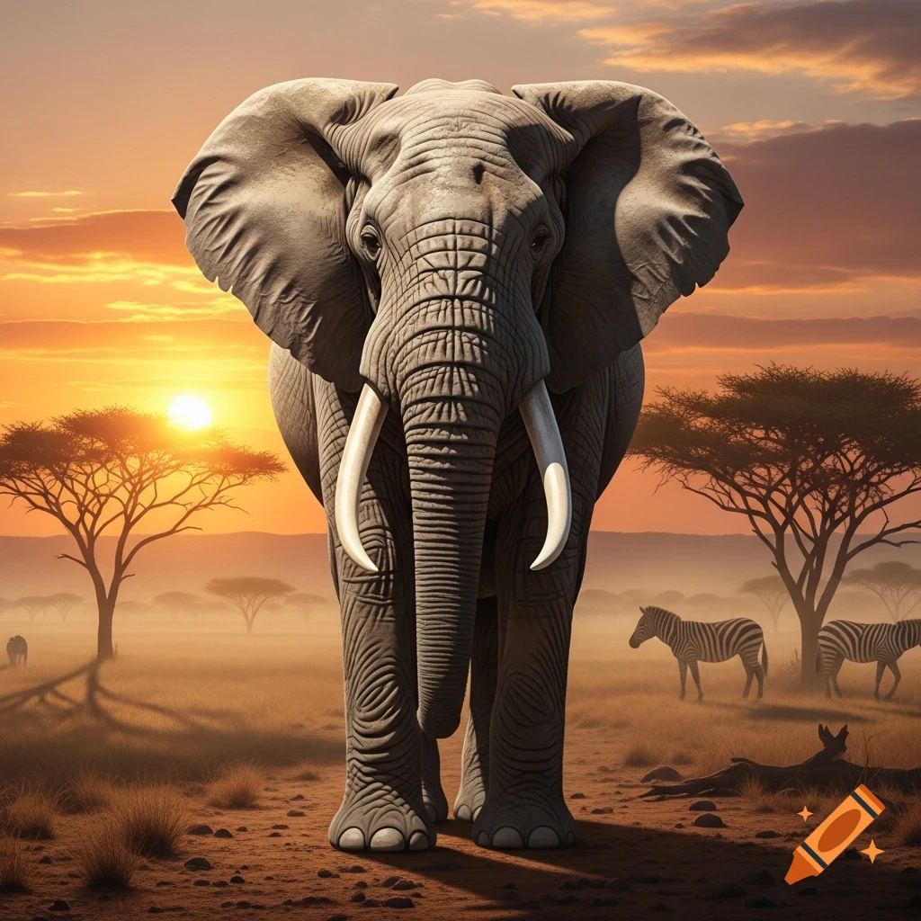 A majestic photorealistic elephant with large tusks stands in a misty African savannah during sunset, with zebras and acacia trees in the background.