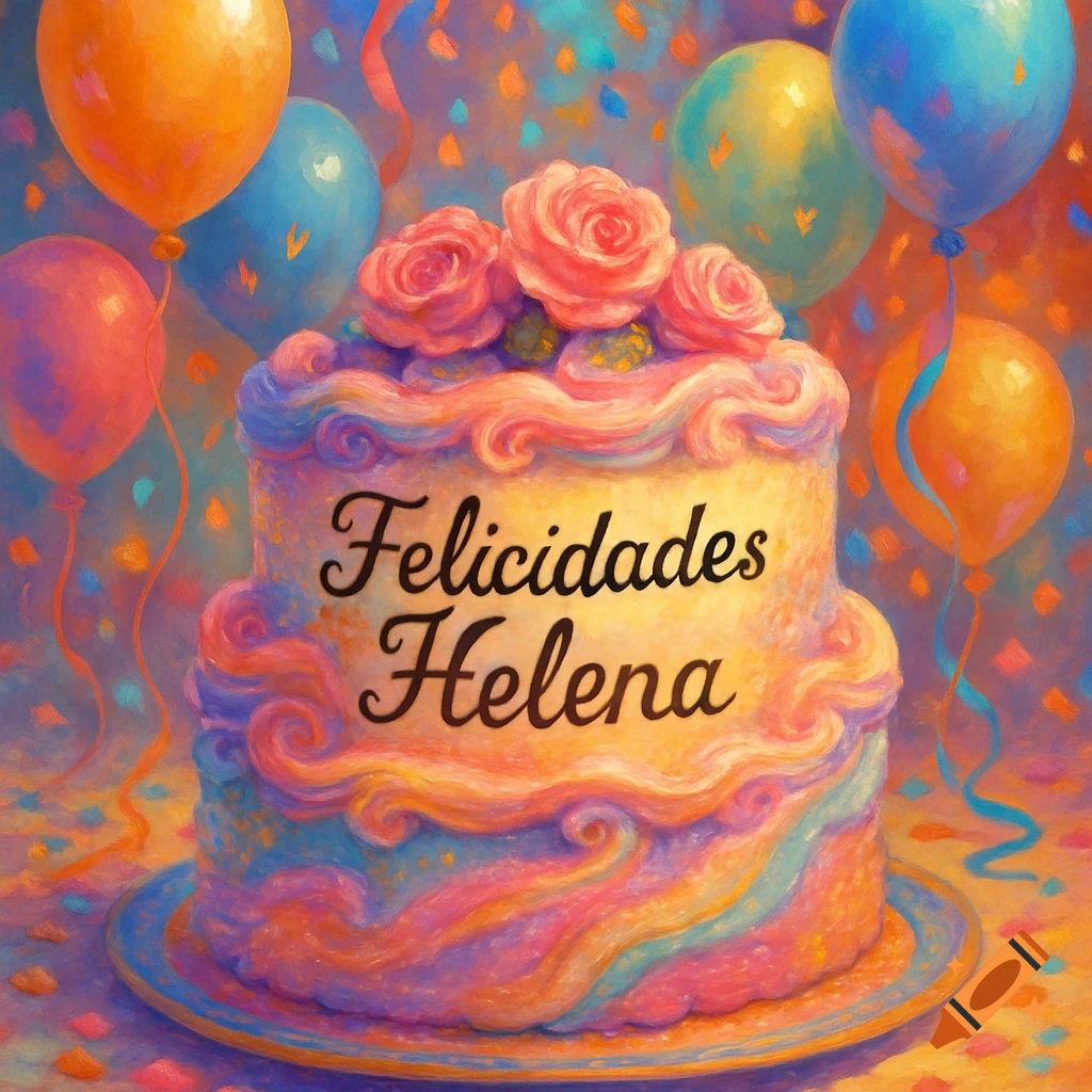 Painterly birthday cake with 'Felicidades Helena' text, pink roses, colorful frosting, balloons, and confetti.