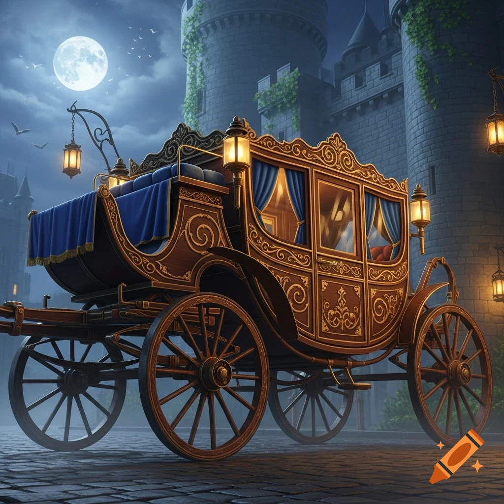 An ornate medieval carriage with blue curtains, glowing lanterns, parked on cobblestones in front of a castle under a full moon.