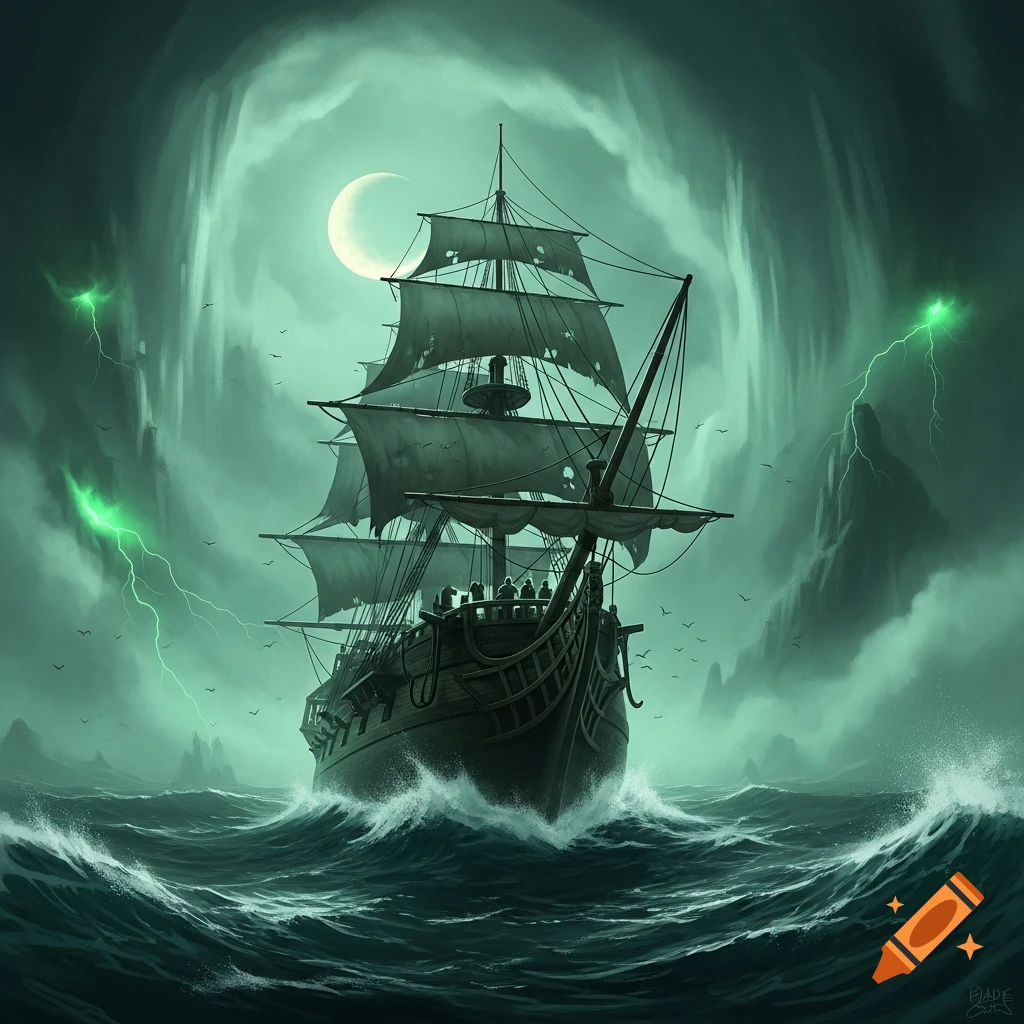 A ghost ship with tattered sails sails through a stormy green sea under a crescent moon, with green lightning in a foggy, eerie atmosphere.