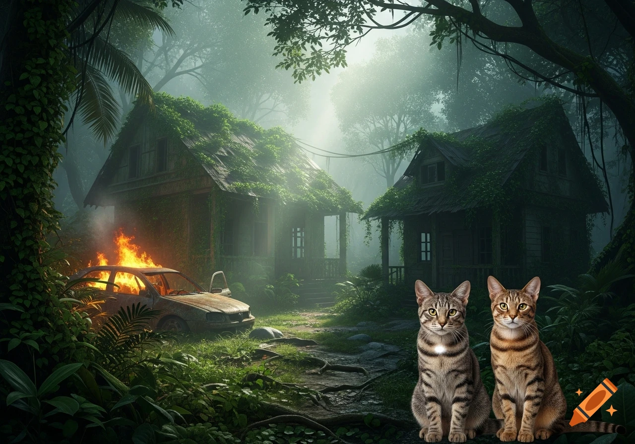 Two striped cats sit on a path in a misty jungle with overgrown, ruined ...