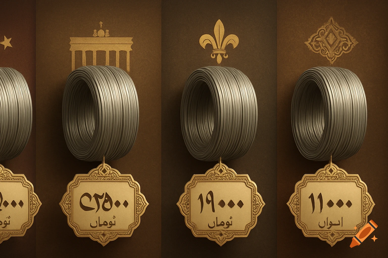 Four coils of wire hang above gold price tags on a brown background, with golden symbols like a building and fleur-de-lis above them.