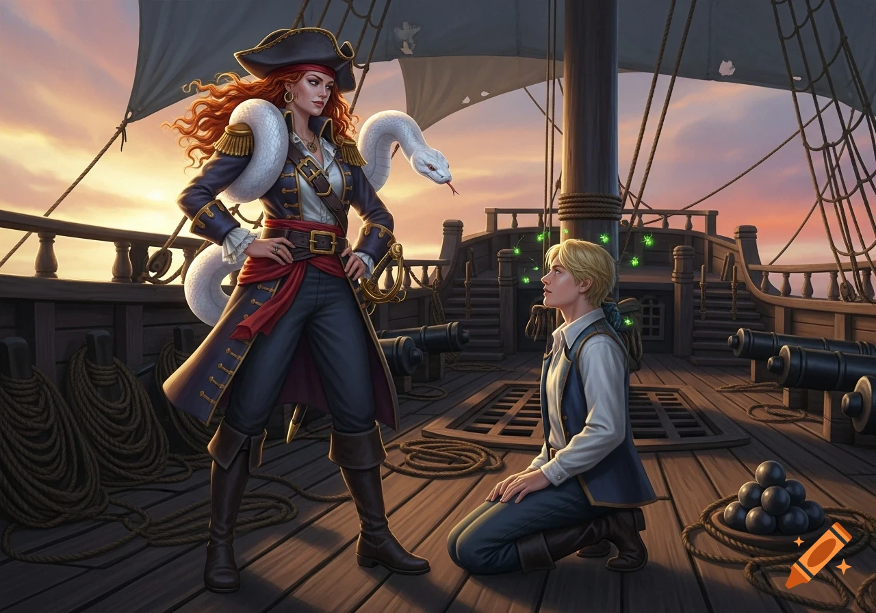 A red-haired pirate captain with a white snake on her shoulder confronts a kneeling cabin boy with glowing green motes around his head on a ship's deck at sunset.