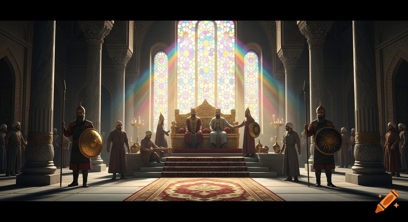 A grand, cinematic view of a lavish historical palace interior with two kings on a golden throne, guarded by armed soldiers. Sunlight streams through a large stained-glass window, creating a rainbow effect across the room. Detailed pillars, an ornate carpet, and other figures fill the scene.