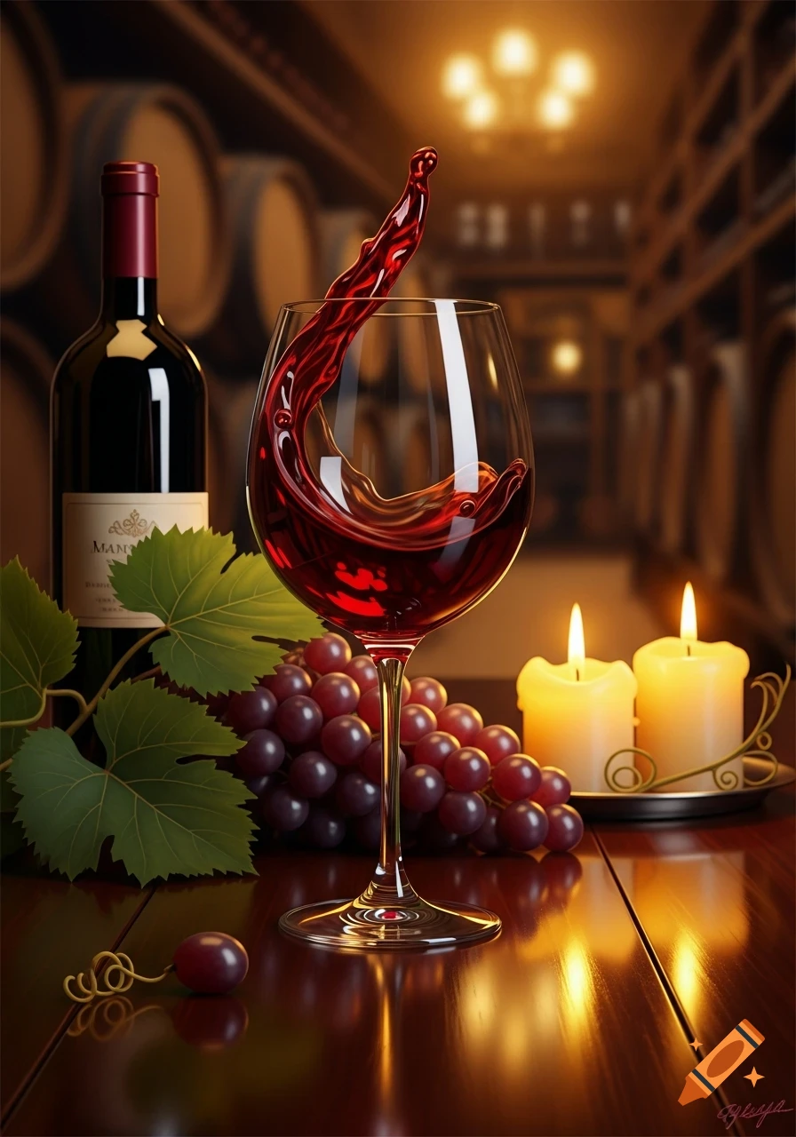 Photorealistic still life with red wine splashing in a glass, a bottle, grapes, and two lit candles on a reflective wooden table.