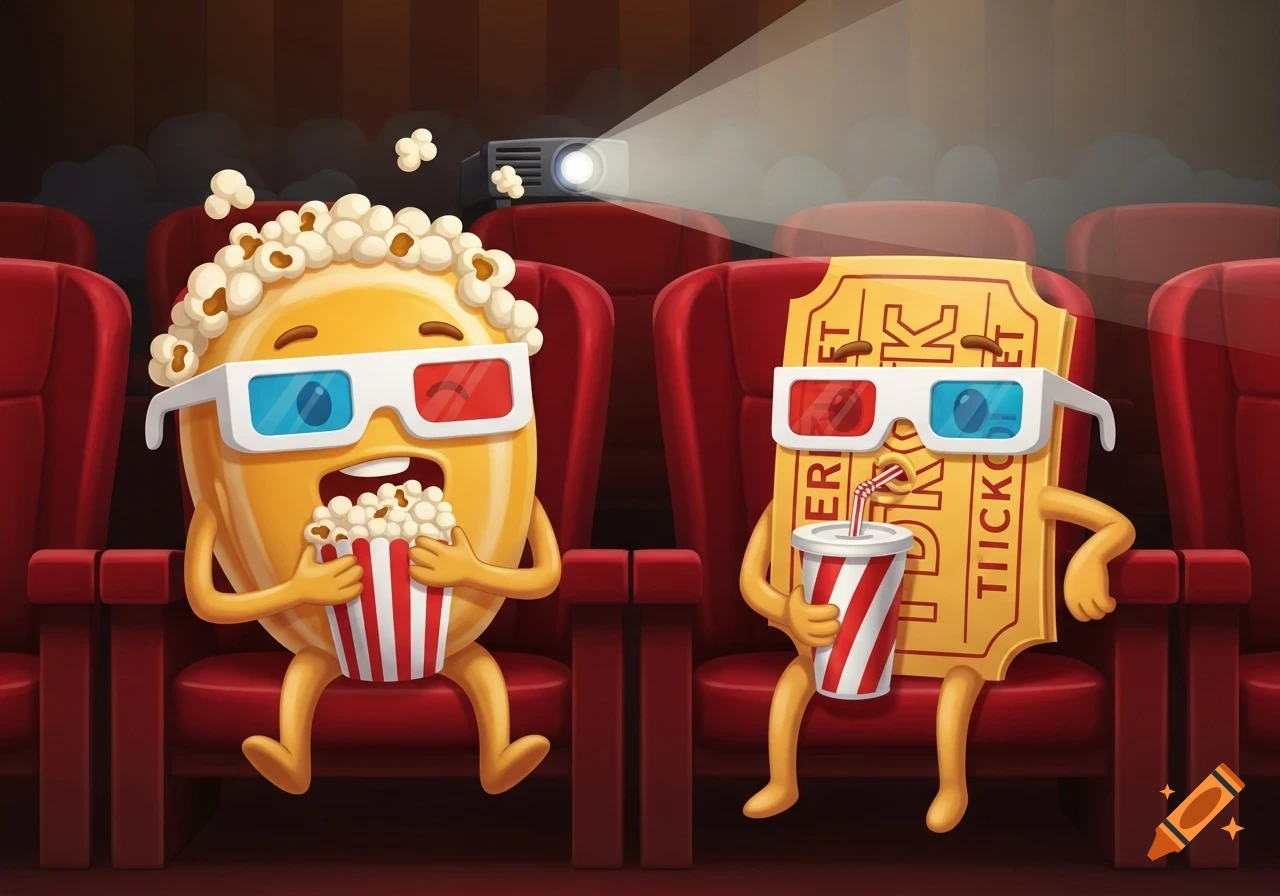 A cartoon kernel and a movie ticket, wearing 3D glasses, sit in a movie theater eating popcorn and drinking soda.