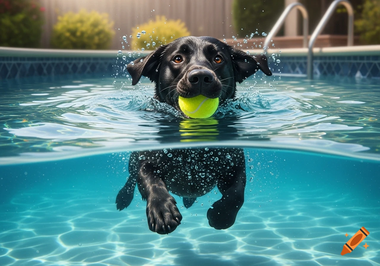Photorealistic shot of a black labrador swimming in a pool, holding a tennis ball. Half above and half below the waterline.