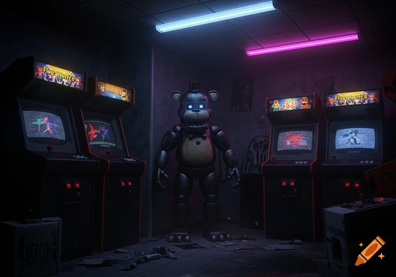 A metallic animatronic bear with glowing blue eyes stands in a dark arcade with static-filled machines and neon lights.