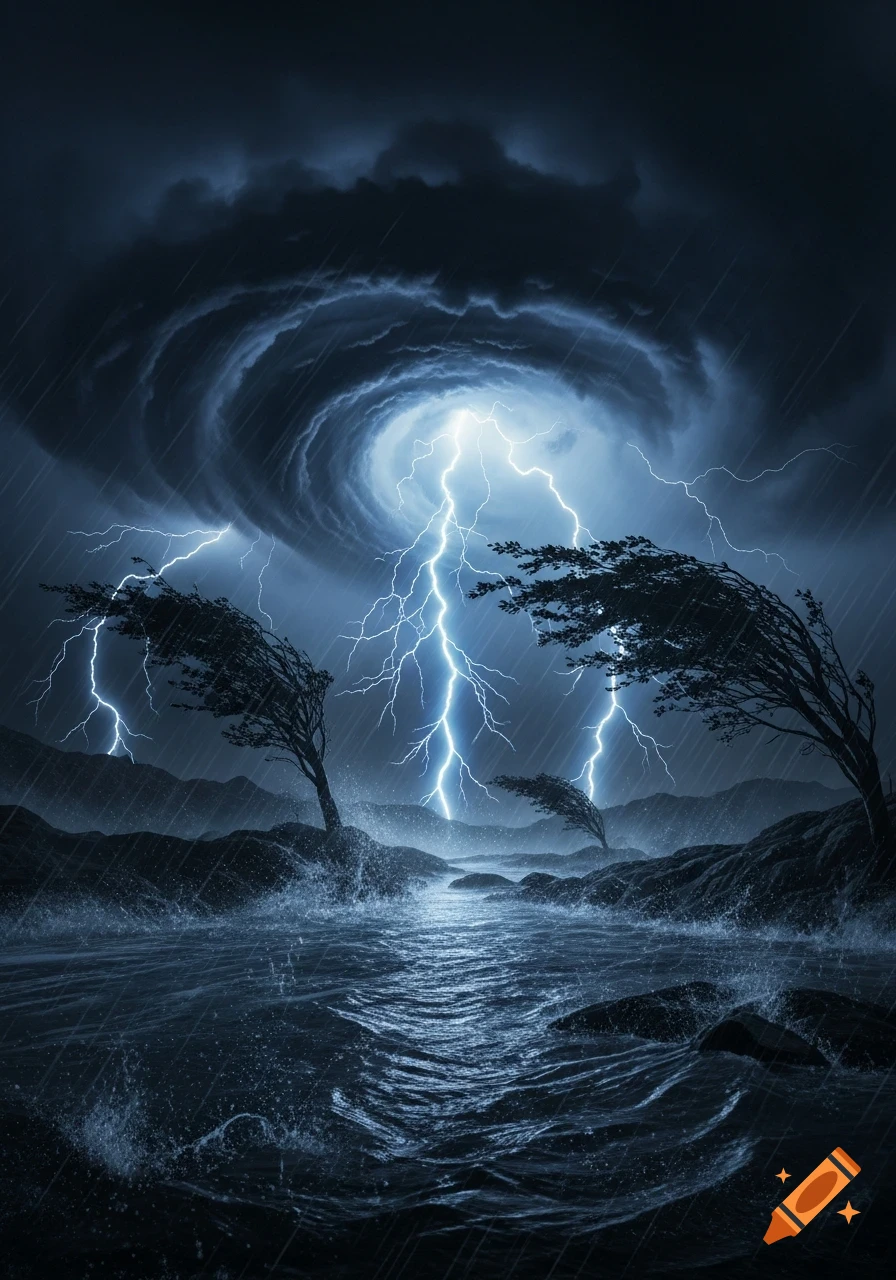 A dramatic, photorealistic dark stormy landscape with heavy rain ...