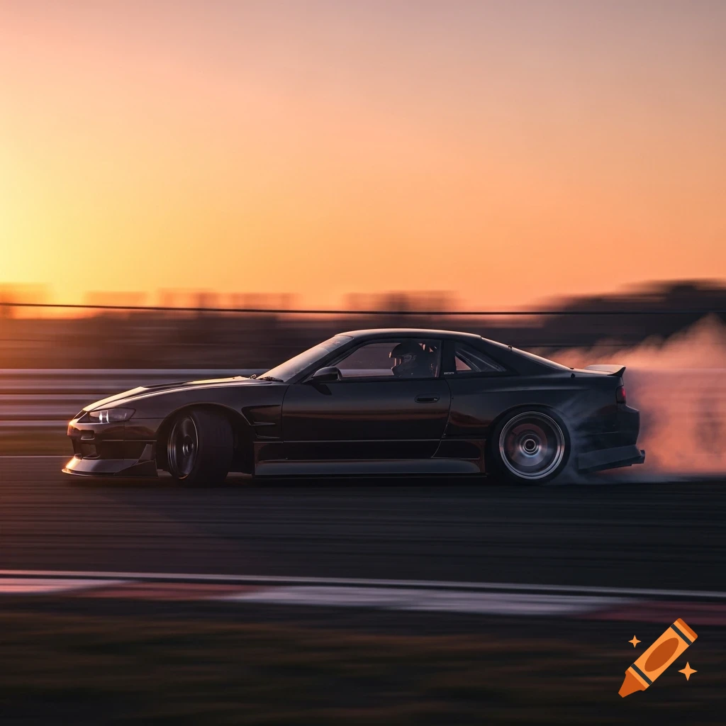 A dark drift car creates smoke as it speeds on a track at sunset, silhouetted against an orange sky.