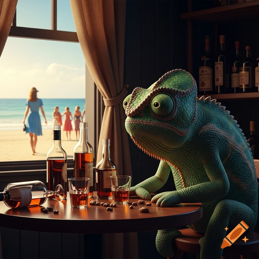 A photorealistic chameleon sits at a bar table with liquor bottles, looking out a window at a sunny beach with people.