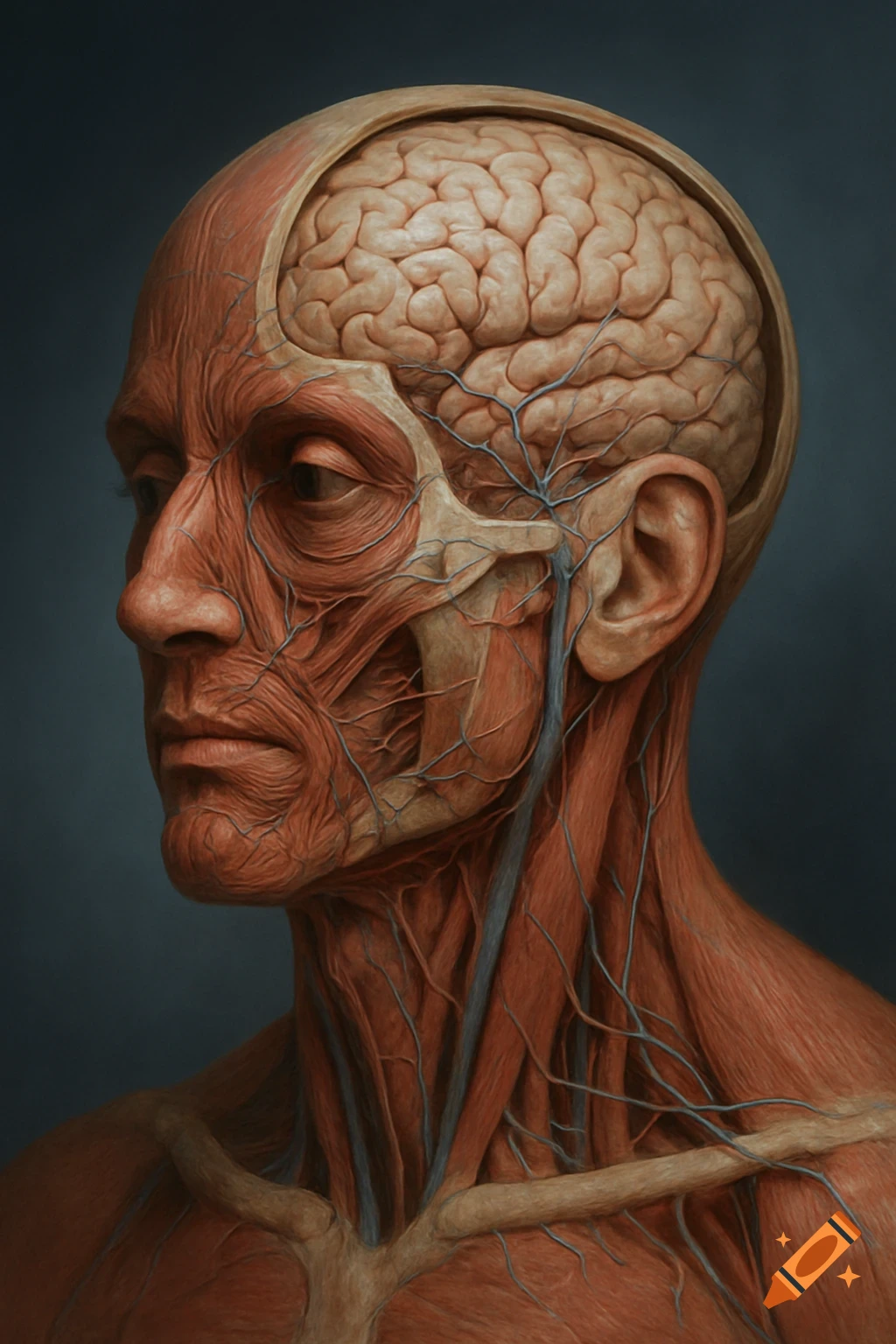 Detailed anatomical illustration of a human head and upper chest, showing brain, muscles, veins, and arteries.