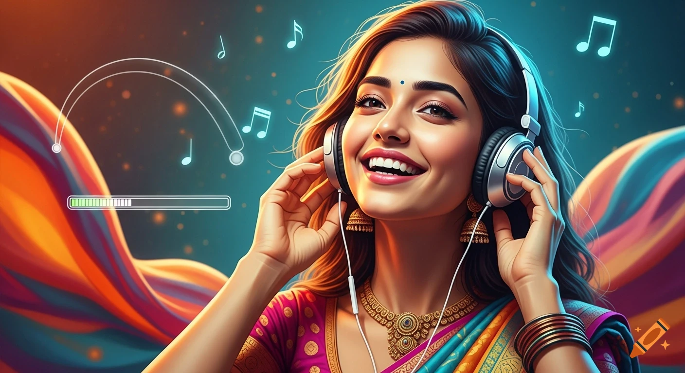 Smiling woman in a vibrant saree and headphones, with musical notes and a song progress bar. Photorealistic.