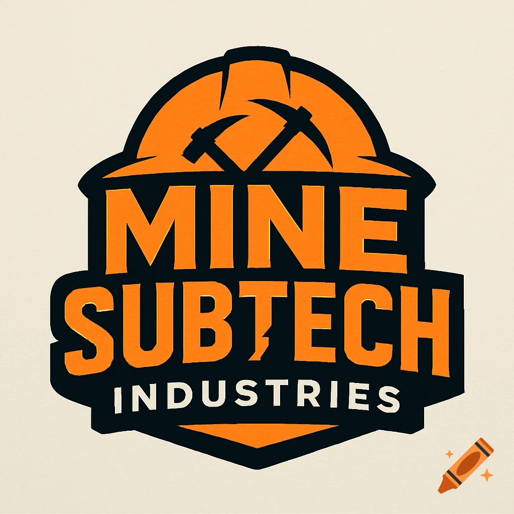 Orange and black logo for MineSubTech Industries with a hard hat and crossed pickaxes.