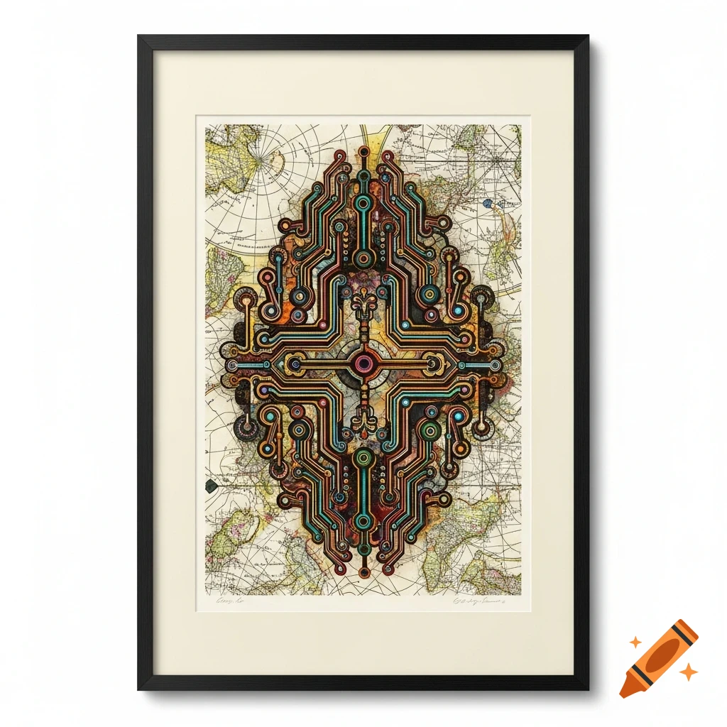 A vibrant, geometric circuit design layered over an old map, presented in a black frame with a cream mat.