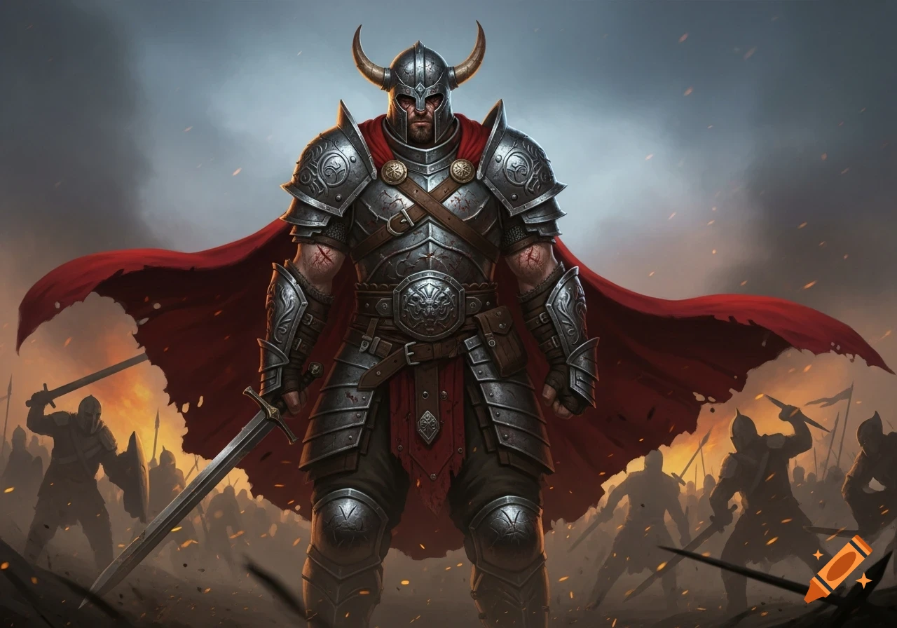 A heavily armored warrior with a horned helmet and red cape stands on a battlefield, sword in hand, with silhouetted figures fighting in the background.