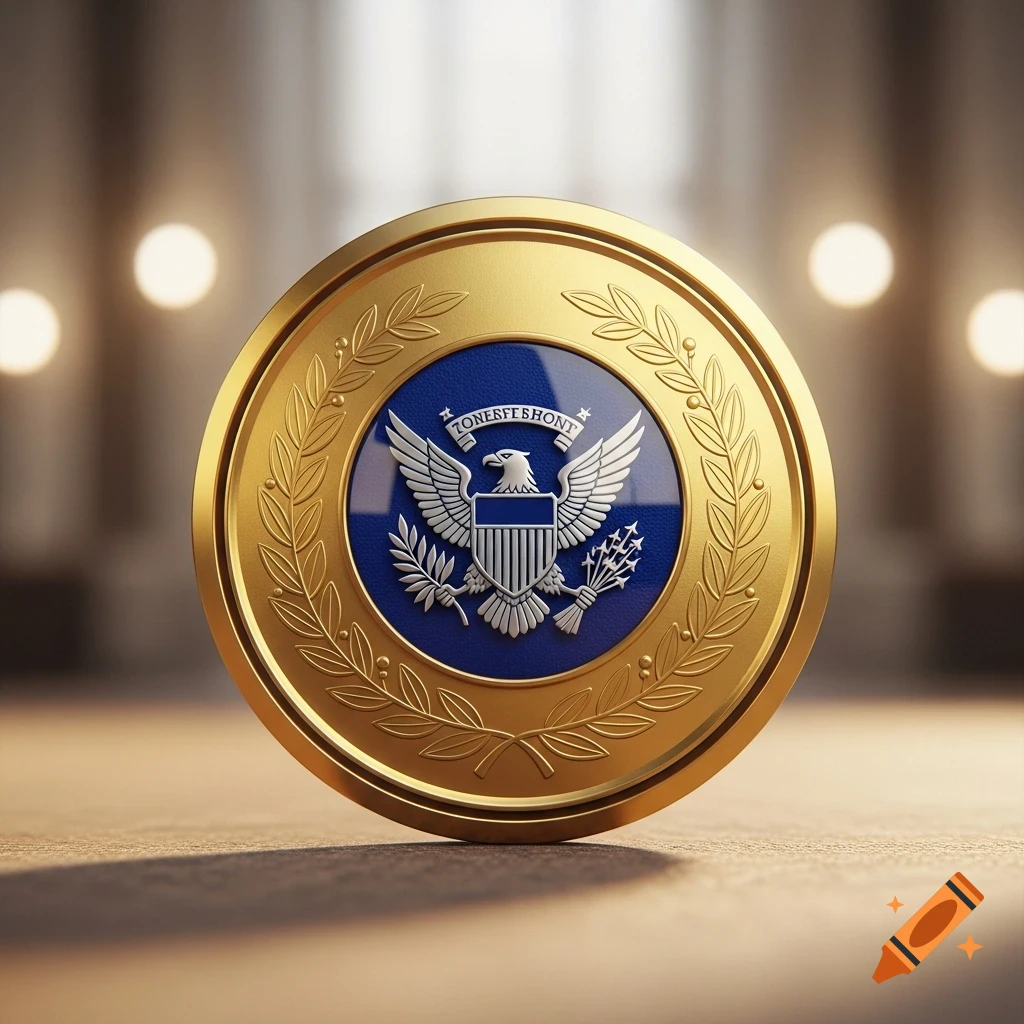 A detailed gold circular badge with a blue center featuring a silver eagle crest and laurel wreath on a blurred background.