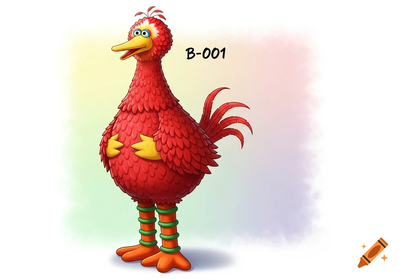 A cartoon red bird character, resembling an early Big Bird costume, with a tuft and green leg bands, labeled B-001.