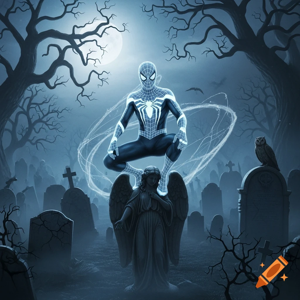 Spider-Man in a glowing ghost suit crouches on an angel statue in a gloomy graveyard under a full moon.
