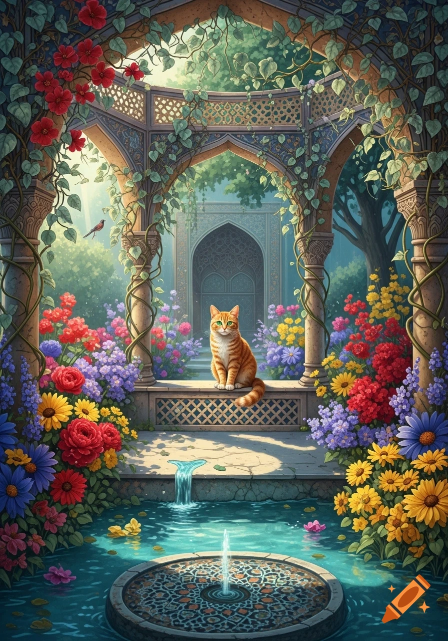 An orange cat with green eyes sits on a stone ledge in an ornate, flower-filled garden with a fountain and archways, digital art.