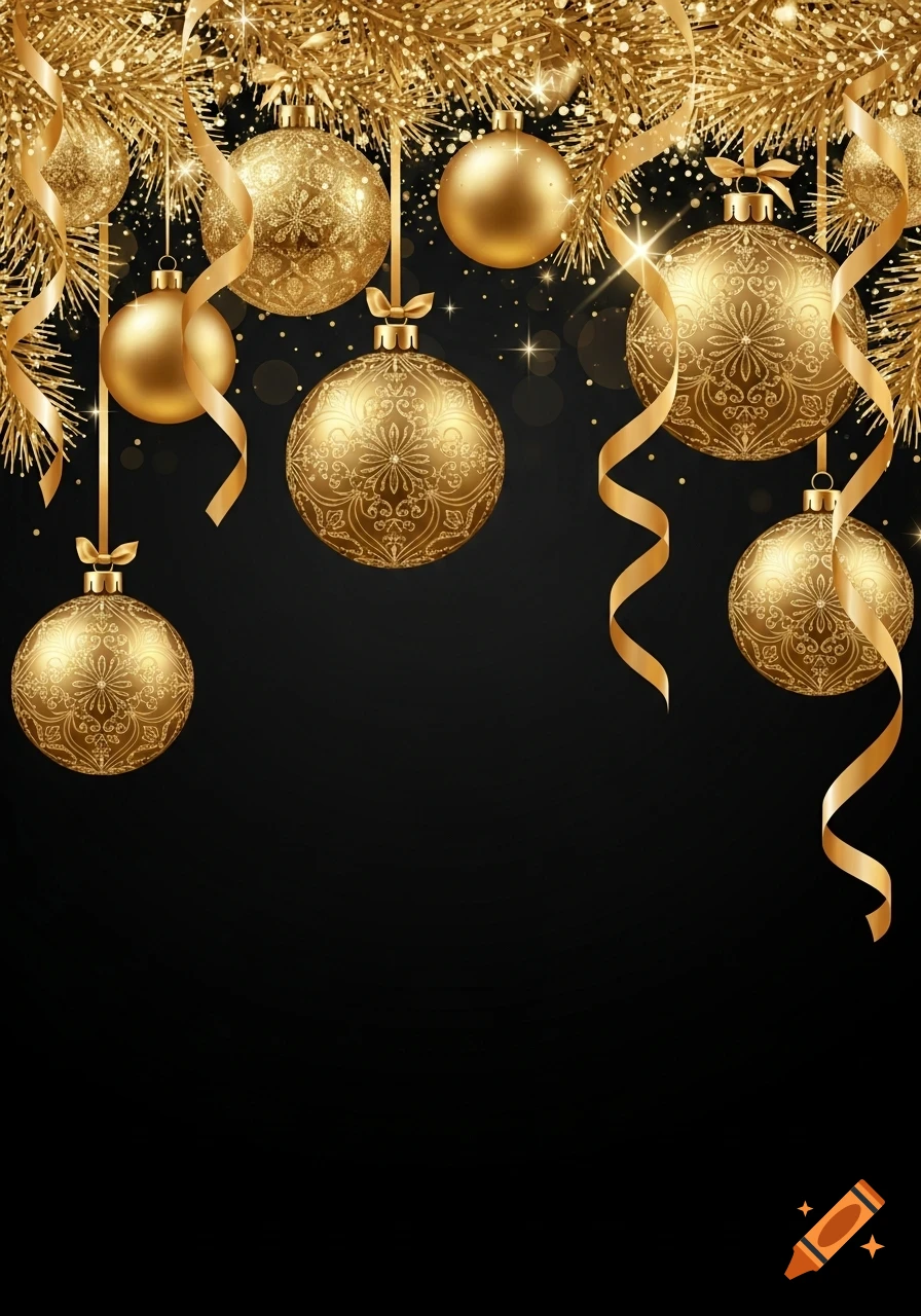 Golden Christmas ornaments and ribbons with sparkling accents hang against a black background.