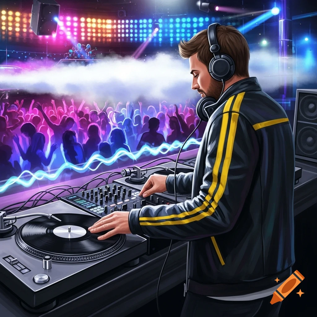 A DJ in headphones scratches a record at a vibrant nightclub, with a blurred, dancing crowd and colorful lights in the background.