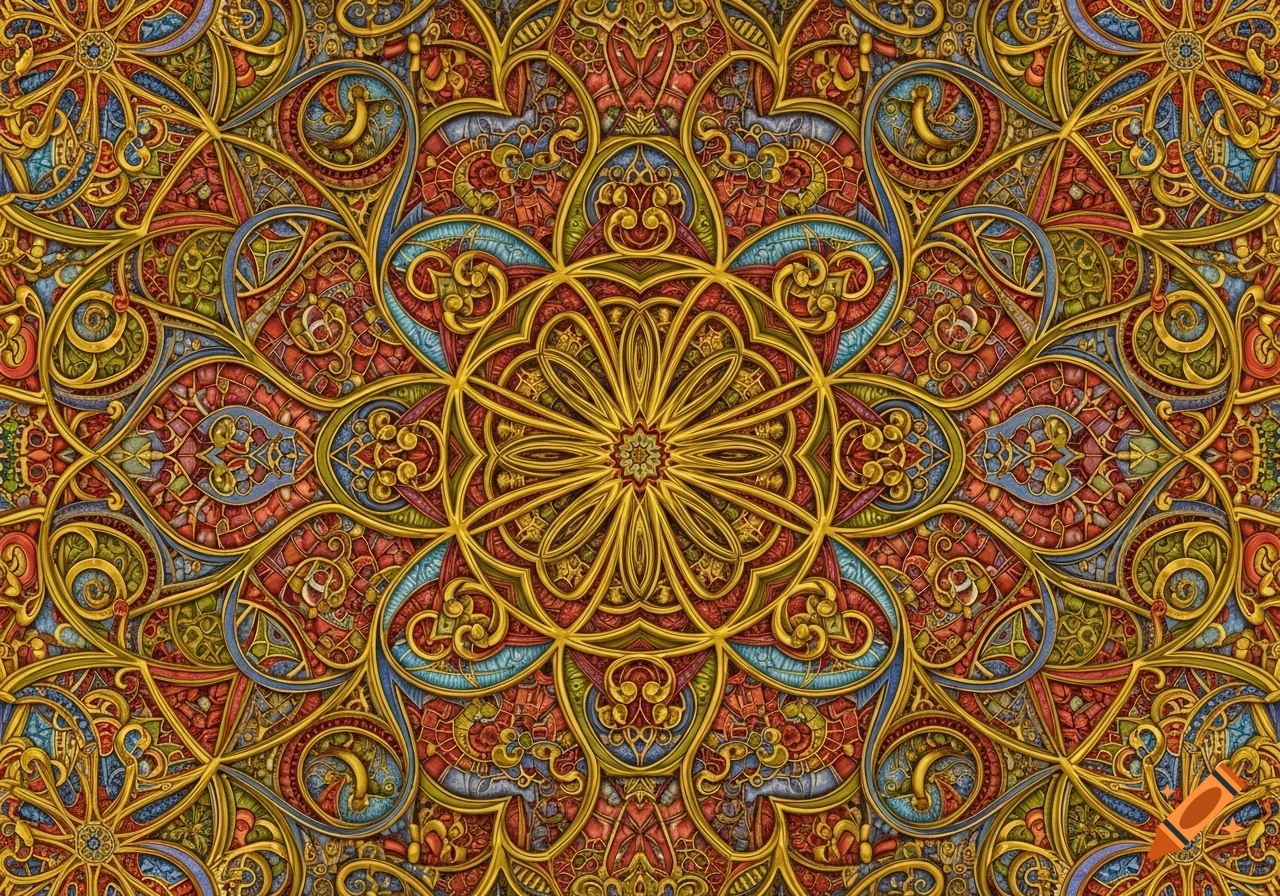 Intricate golden, red, blue, and green decorative pattern with floral and geometric motifs, resembling ornate tilework.