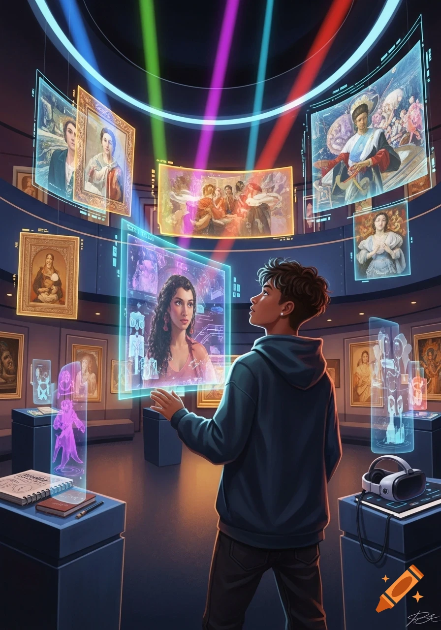 Young person in a futuristic museum viewing holographic art displays and traditional paintings, lit by colorful beams.