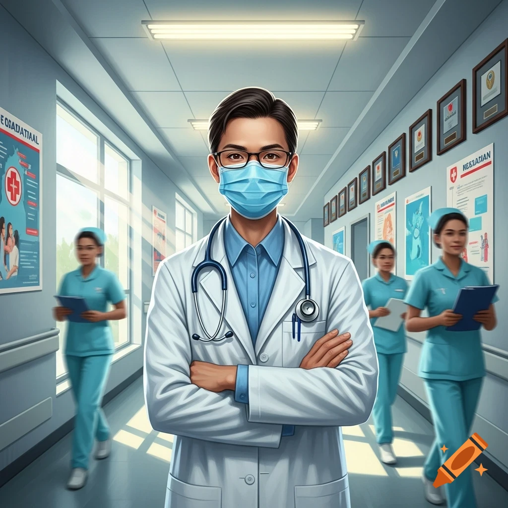 An Asian male doctor wearing glasses, a blue mask, and a white lab coat with a stethoscope stands with arms crossed in a hospital hallway, with blurred nurses in the background.