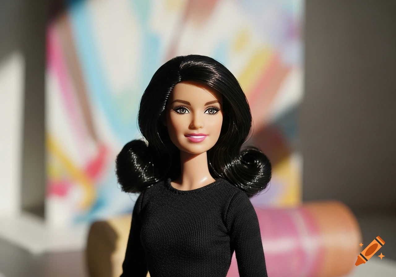 A close-up of a Barbie doll with black wavy hair, wearing a black long-sleeved shirt, smiling against a colorful, blurred background.