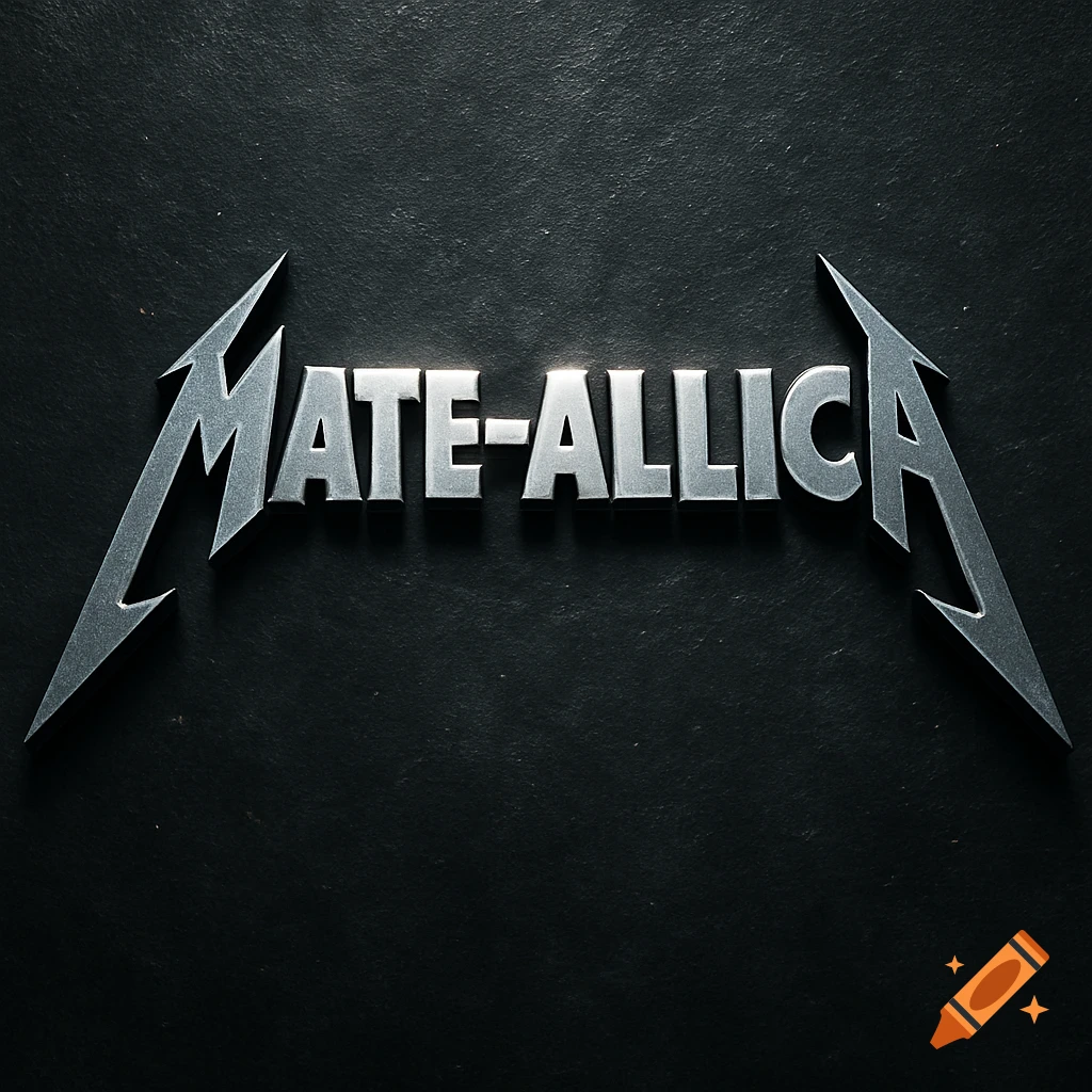 A metallic, spiked logo for "MATE-ALLICA" in the style of the Metallica band logo, set against a dark, textured background.