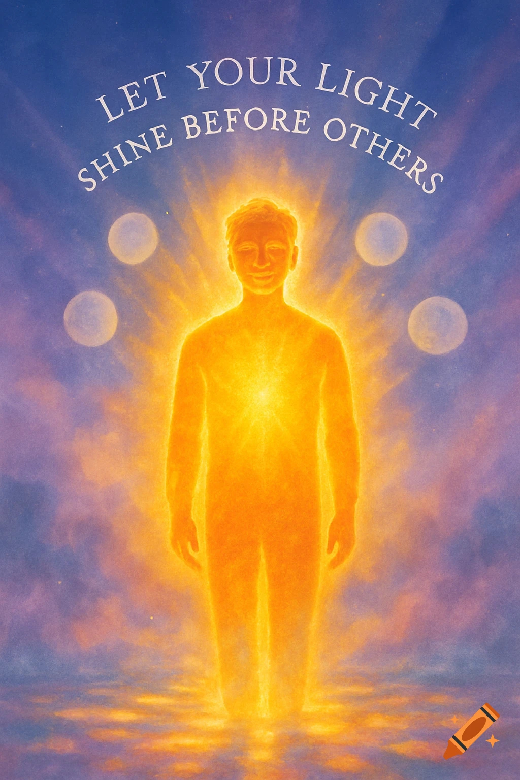 An ethereal, glowing human figure in warm orange light stands against a blue and purple sky with text 'LET YOUR LIGHT SHINE BEFORE OTHERS'.