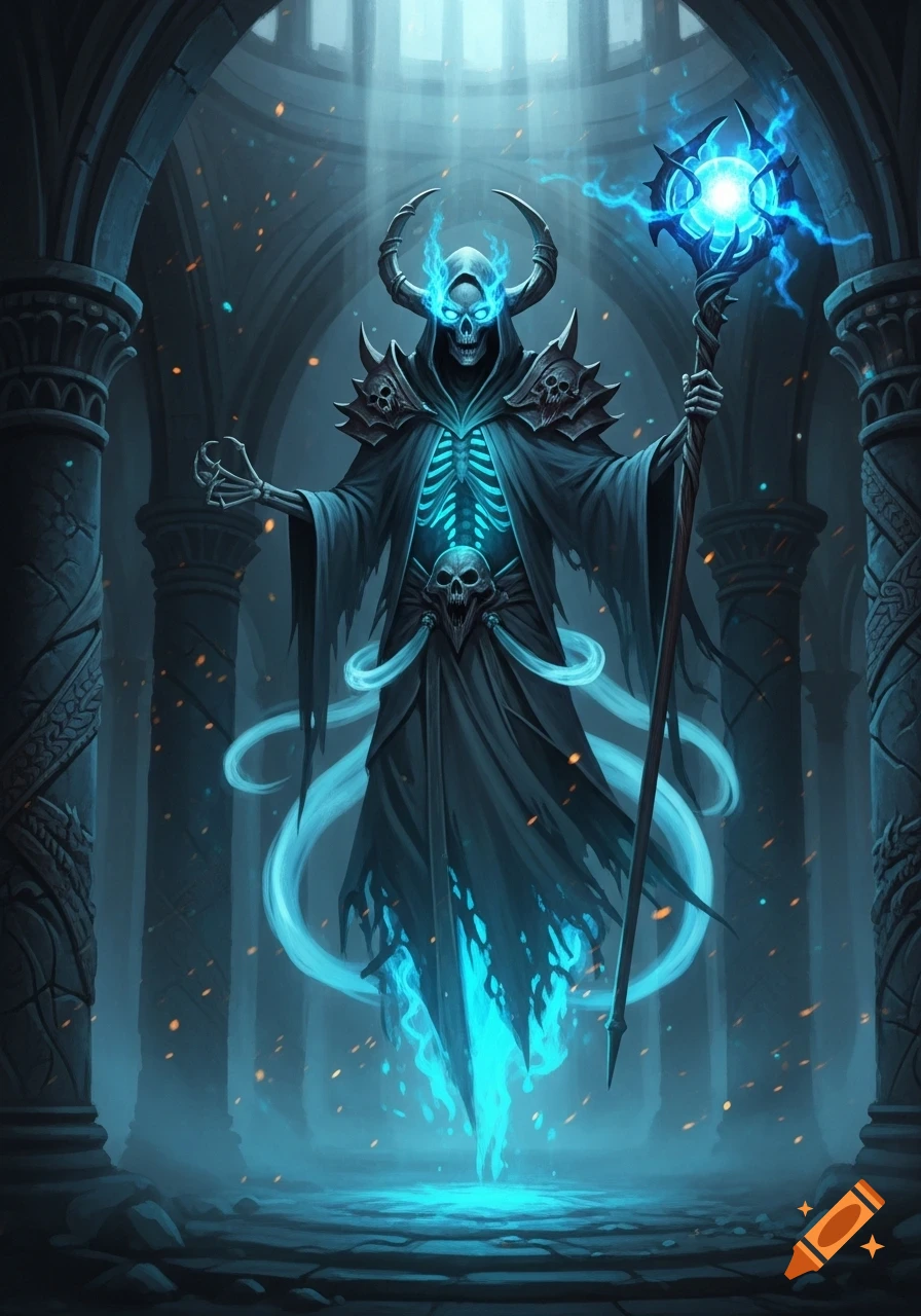 A skeletal, horned lich-like figure in a dark robe, glowing with blue magical energy, holding a mystical staff in an ancient, dimly lit crypt.