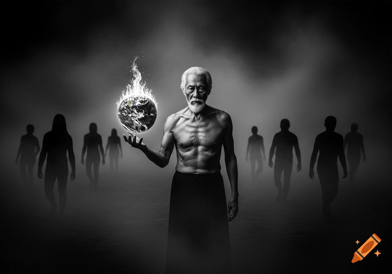 An old, gaunt man holds a burning earth, surrounded by blurred shadowy figures in a black and white foggy scene.