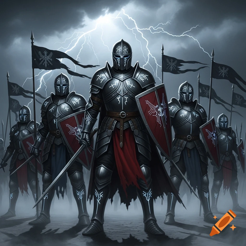 A group of armored dark knights with glowing symbols, holding swords and shields, standing under a stormy sky with lightning.