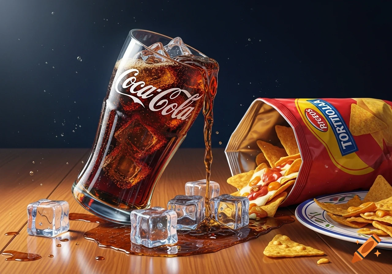 A tilted glass of Coca-Cola spilling cola and ice cubes onto a wooden table, next to an open bag of tortilla chips with cheese and salsa. Photorealistic.