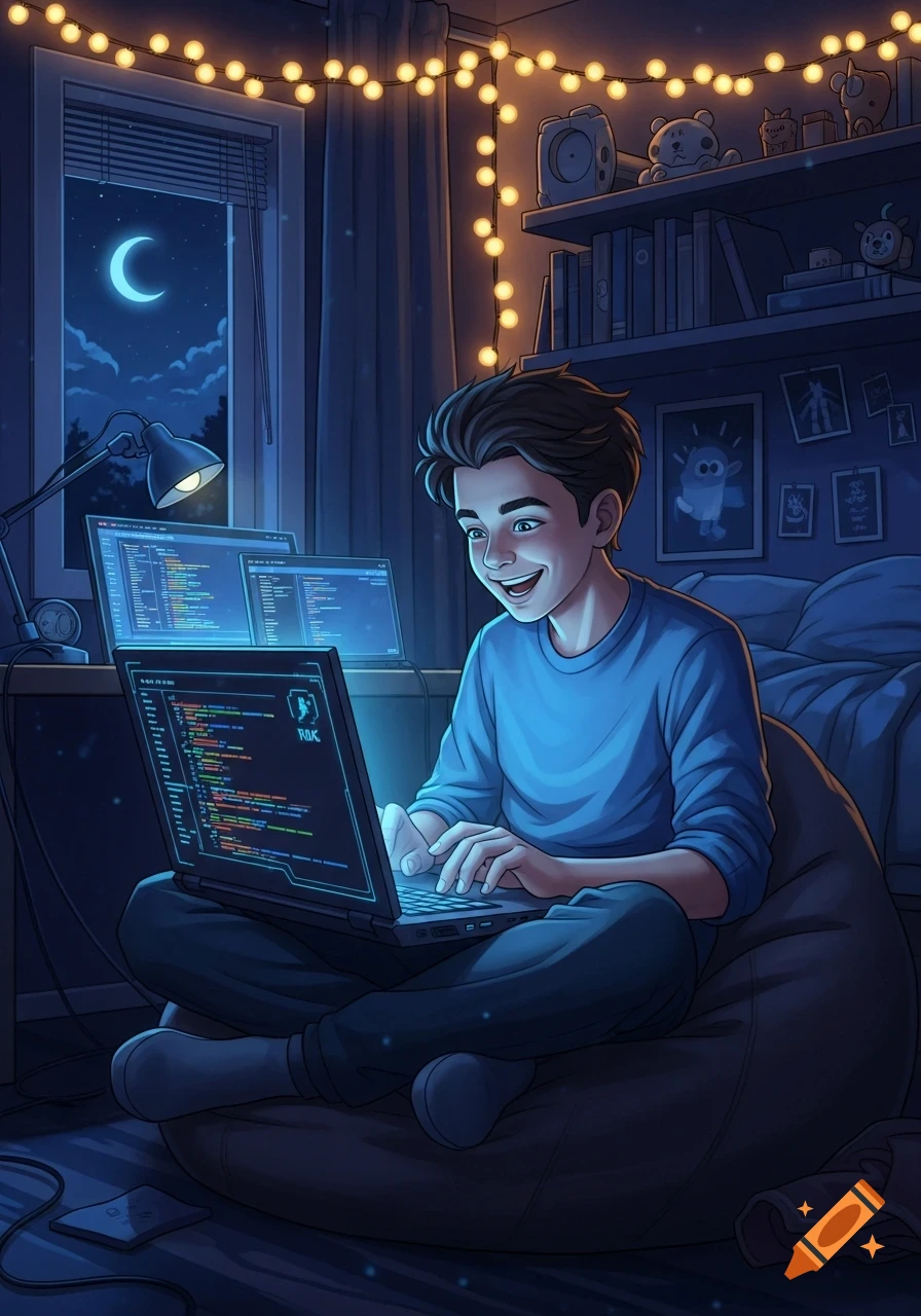 A happy teenage boy with a wide smile sits on a beanbag chair in his dark room at night, illuminated by string lights, enthusiastically coding on a laptop with multiple monitors displaying code.
