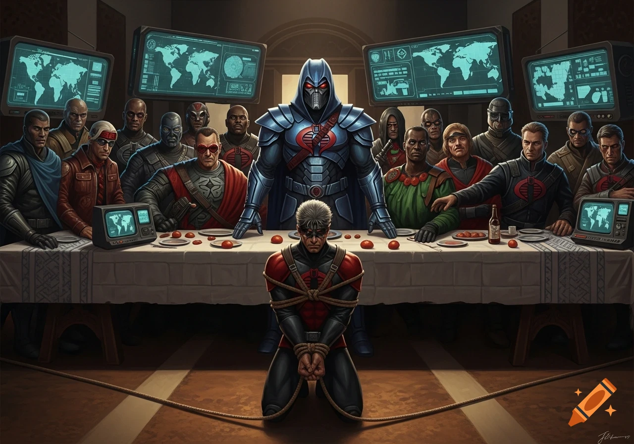 Cobra Commander, in a Last Supper parody, stands with operatives around a table while Duke kneels bound in submission.