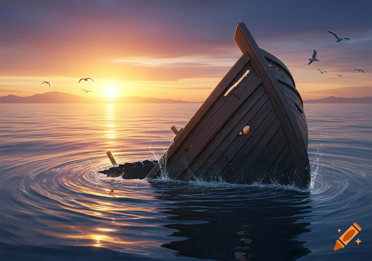 A wooden boat slowly sinks into the ocean at sunset, creating ripples in the water with birds flying overhead.
