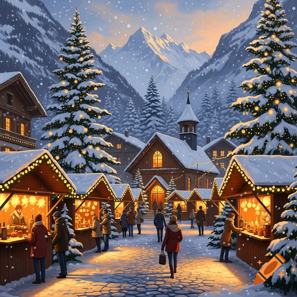 A vibrant Christmas market illustration in a snowy mountain village at dusk, with people, illuminated stalls, and snow-covered trees and peaks.