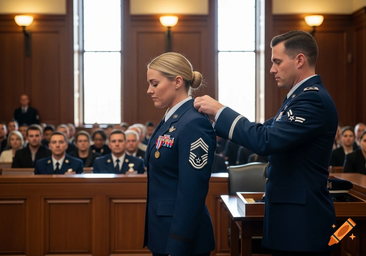 A male officer in a blue military uniform adjusts the rank insignia on a blonde female officer's shoulder in a formal hall.