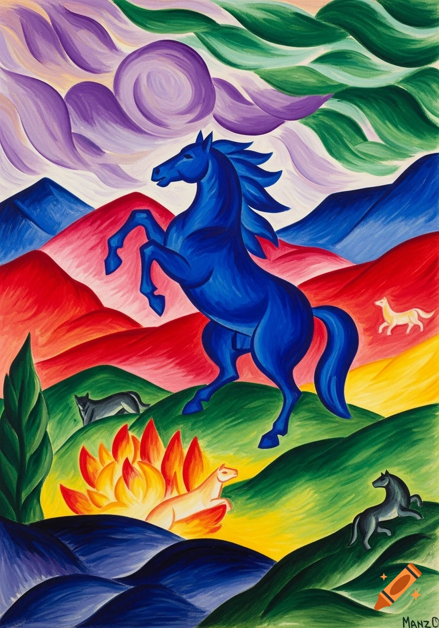 A vibrant expressionist painting depicting a rearing blue horse in a surreal, colorful landscape with red mountains, green hills, purple clouds, and other small horses.