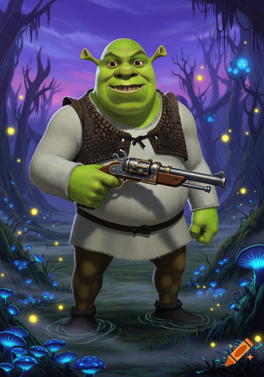 Shrek, the green ogre, stands in a glowing blue swamp holding an ornate gun.