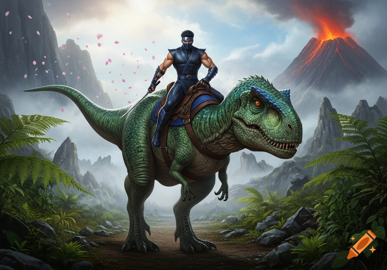A muscular ninja in a dark blue suit rides a green T-Rex through a misty, volcanic jungle with falling pink petals.