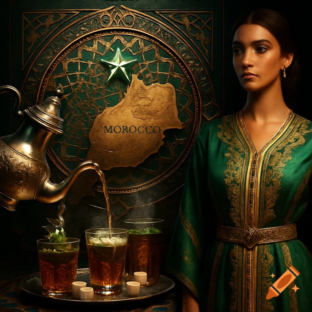 A woman in a green caftan next to a golden teapot pouring tea into glasses with mint, with a map of Morocco in the background.